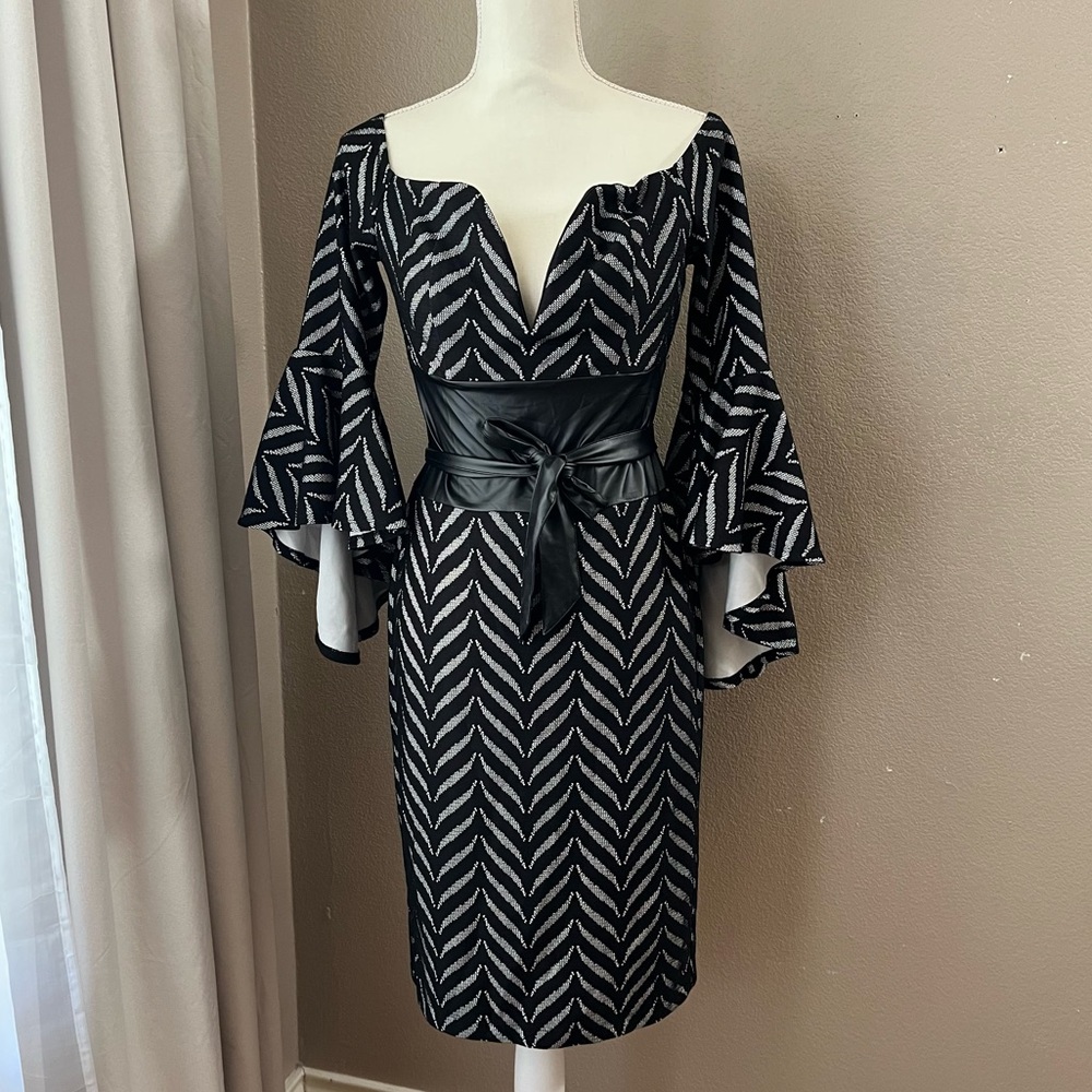 Black and White Sheath Dress with Plunge Neckline and Bell Sleeves